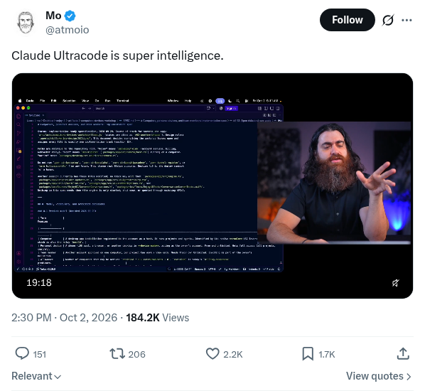 Mo (@atmoio) on X, Claude Ultracode is super intelligence, with a video