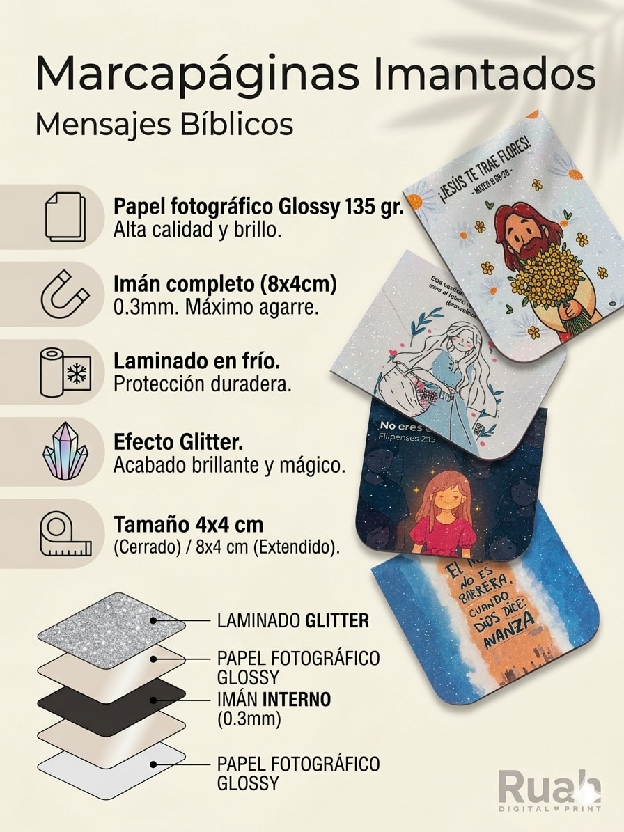 Marcapáginas imantados cristianos con efecto glitter y mensajes bíblicos