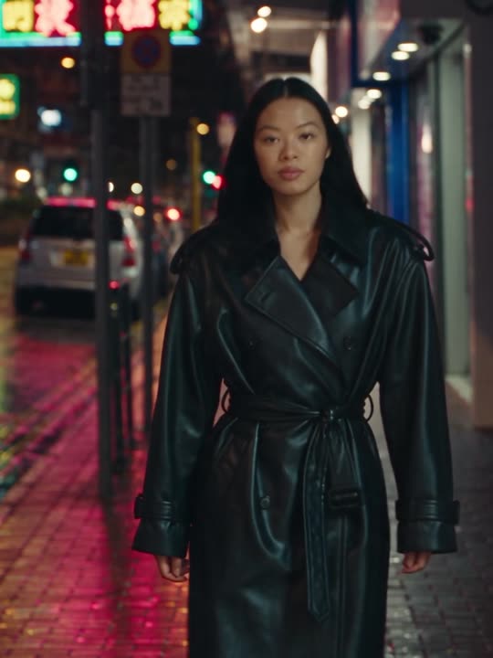 Alexandra Lim, in a leather trench on a rainy Hong Kong street