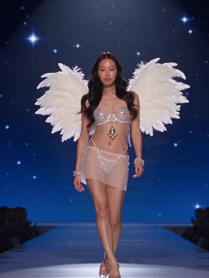 Alexandra desfilando en una pasarela de moda con alas de plumas blancas