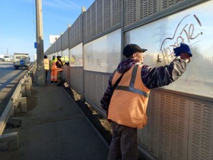 Очистка шумовых экранов на Вокзальном путепроводе