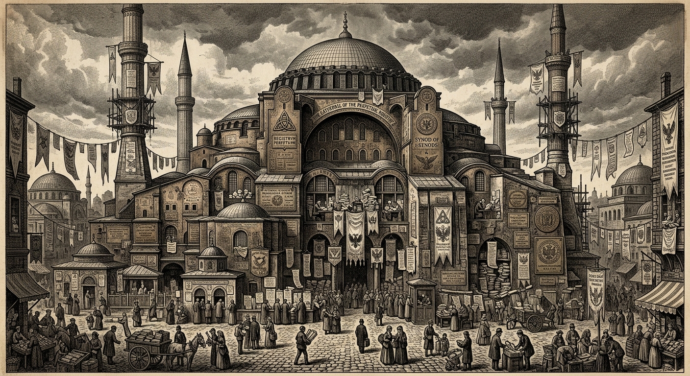 Architectural engraving of the Cathedral of the Perpetual Registry — a massive Byzantine dome overlaid with stamped bronze placards, Triune Knot heraldry, and bureaucratic banners hanging from every arch. Clerks visible in illuminated windows.