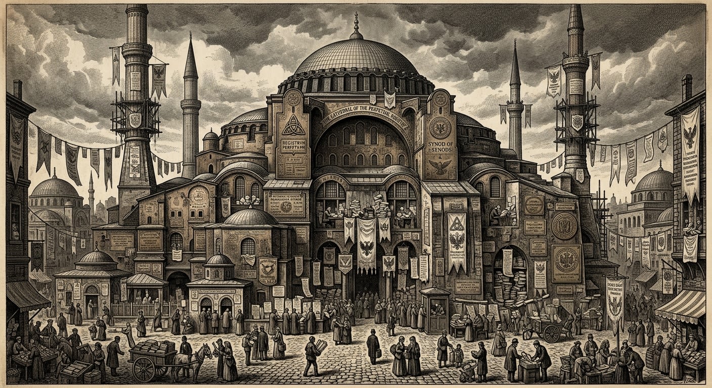 Victorian engraving of the Cathedral of the Perpetual Registry: a Byzantine dome, bronze placards, Triune Knot heraldry and banners above illuminated clerks' windows.