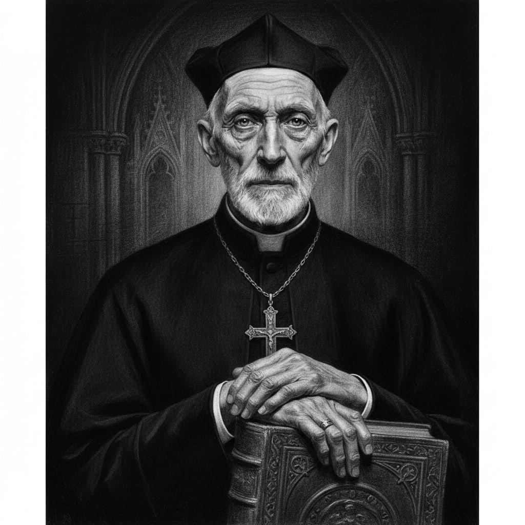 Charcoal portrait study of Hierarch Augustinus of Mainz in old age, wearing a high banded clerical collar, black cassock with pectoral cross, and peaked biretta, hands folded over a heavy leather-bound codex.