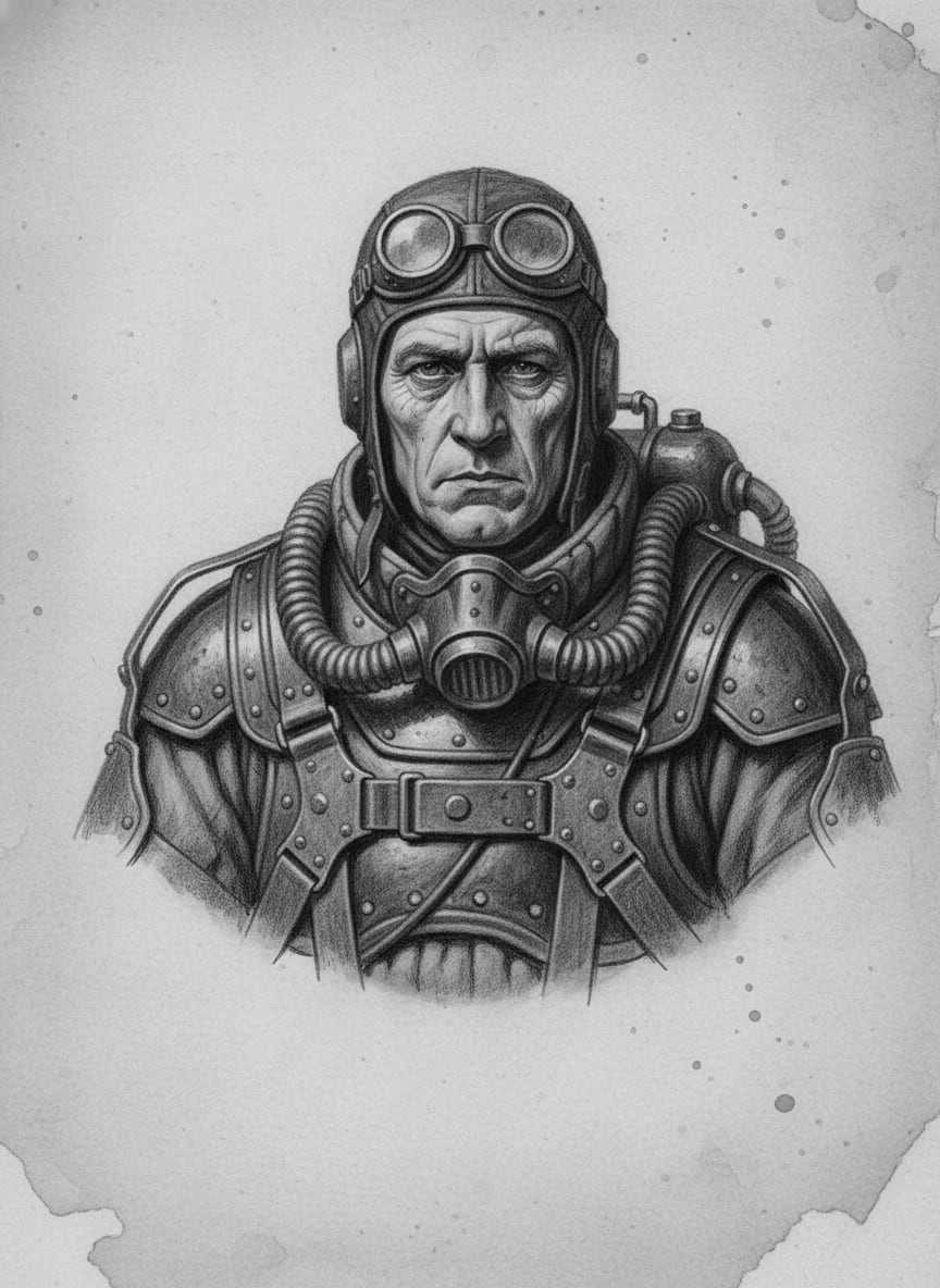 Black and white pencil dossier portrait of Bell-Warden Andros Pell, shown head and shoulders on vellum.