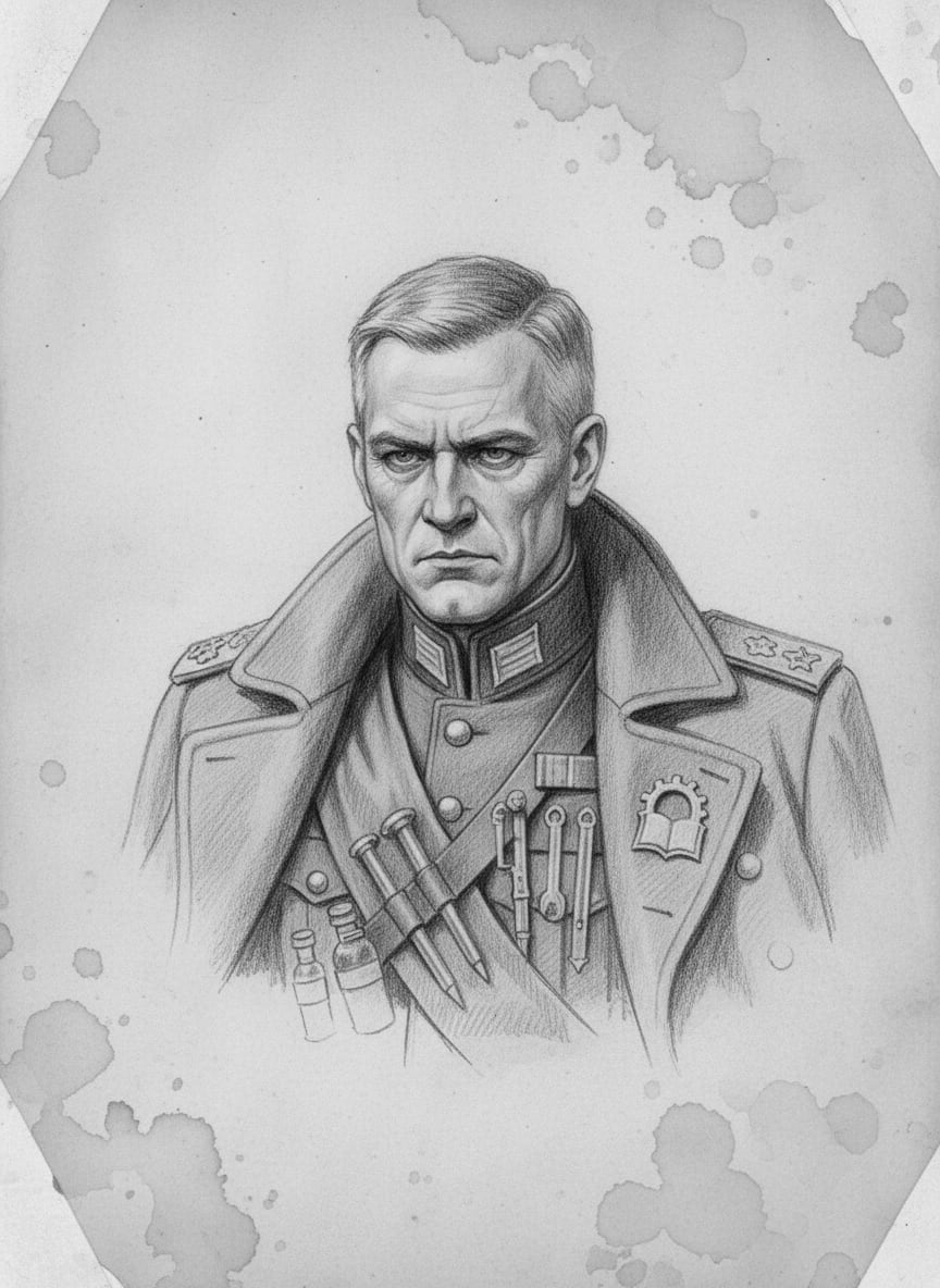 Black and white pencil dossier portrait of Commander-Auditor Sorn Vale, shown head and shoulders on vellum.