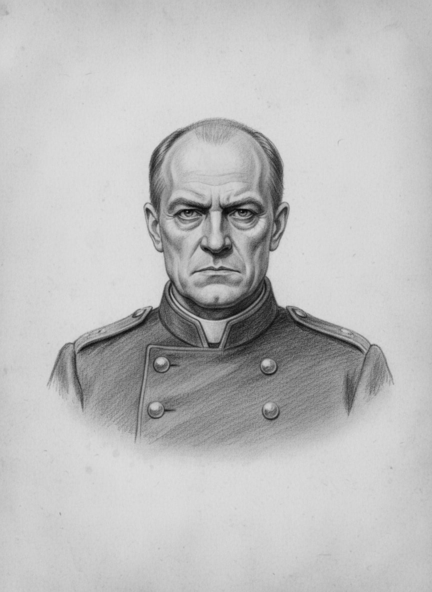 Black and white pencil dossier portrait of Governor-Praelate Hugo of Constantinople, shown head and shoulders on vellum.