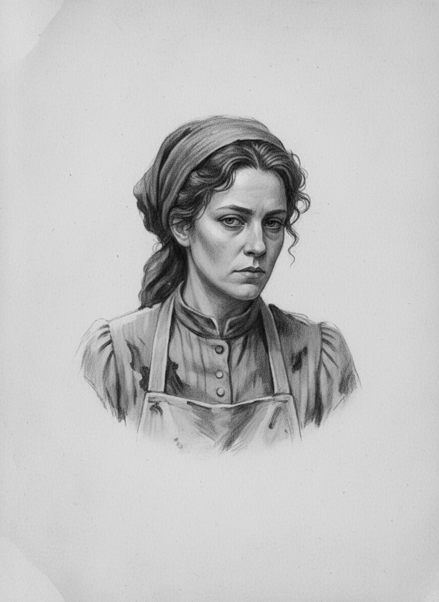 Black and white pencil dossier portrait of Irena Vale, shown head and shoulders on vellum.