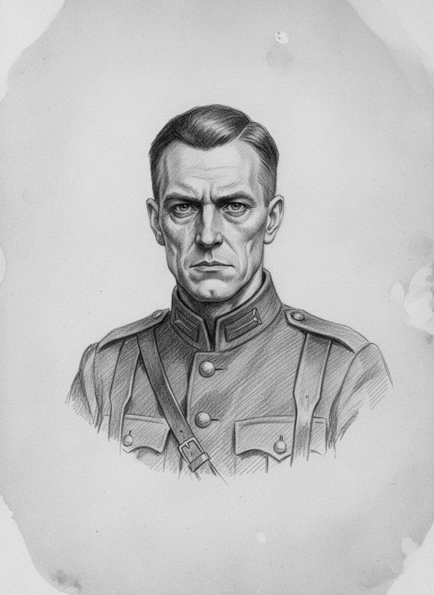 Black and white pencil dossier portrait of Lieutenant Voss, shown head and shoulders on vellum.