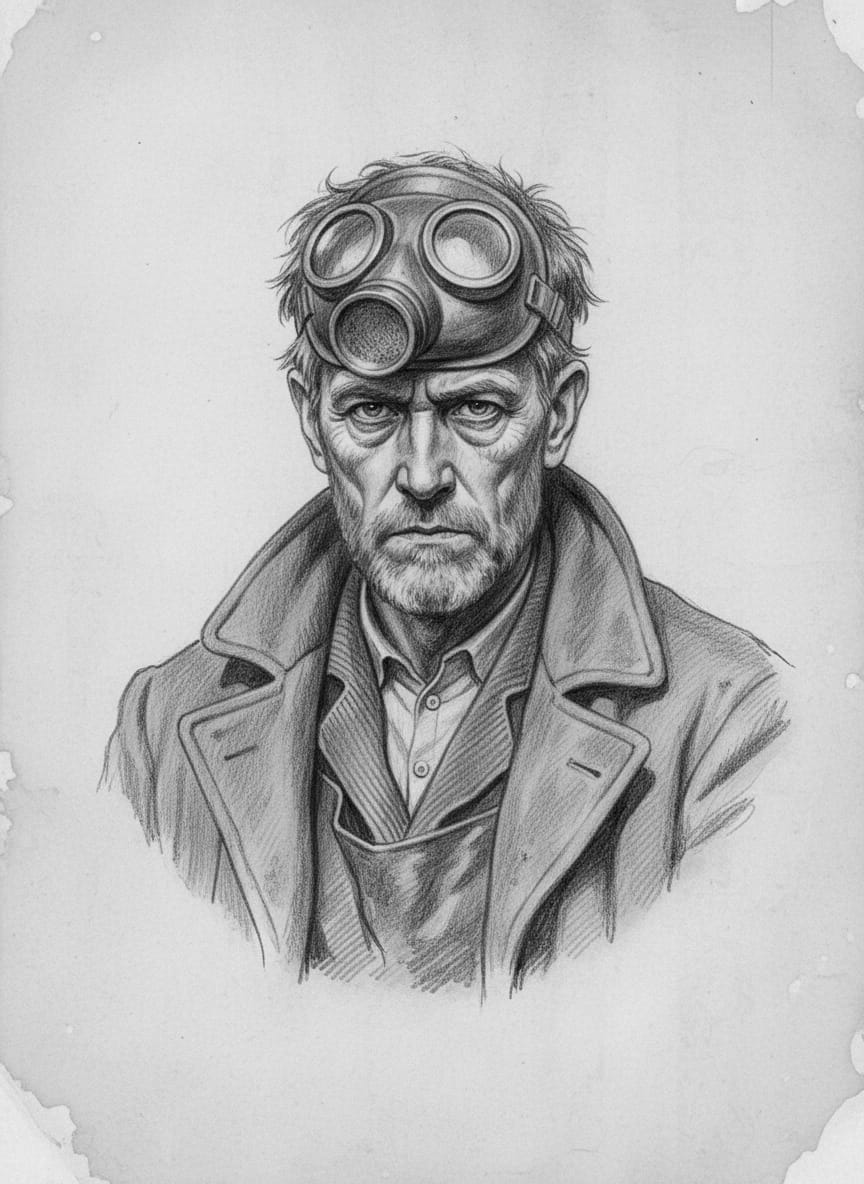 Black and white pencil dossier portrait of Old Sable, shown head and shoulders on vellum.