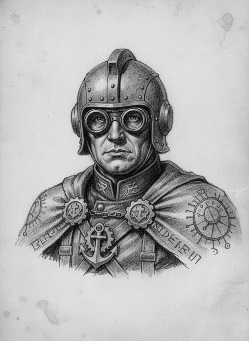 Black and white pencil dossier portrait of Pilot-King Nenos, shown head and shoulders on vellum.