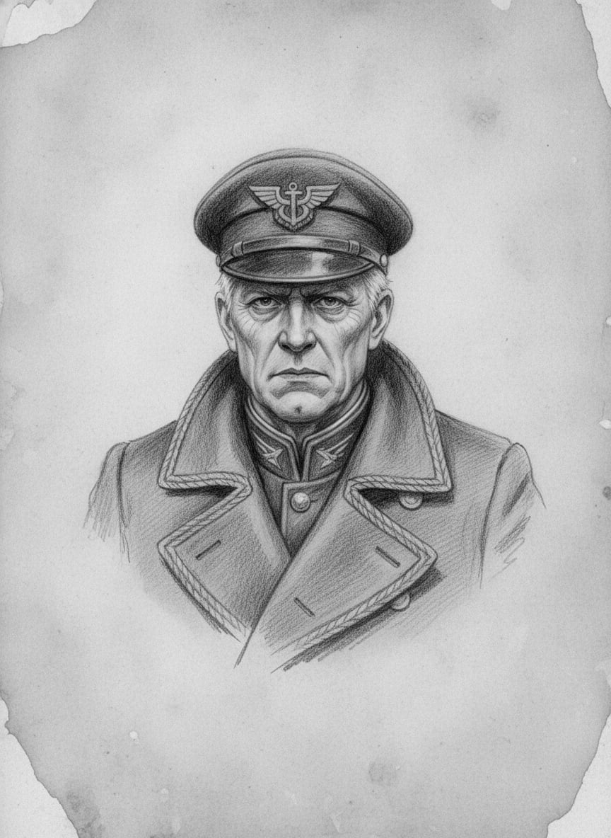 Black and white pencil dossier portrait of Praefect-Naval Cassius Tern, shown head and shoulders on vellum.