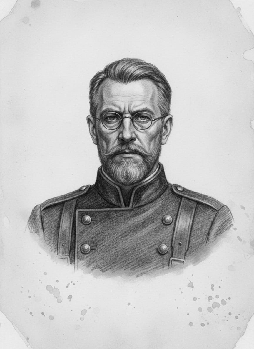 Black and white pencil dossier portrait of Rector-Chaplain Wendelin Grau, shown head and shoulders on vellum.