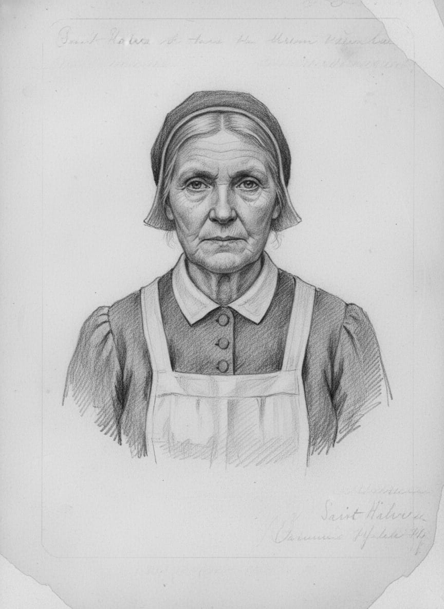 Black and white pencil dossier portrait of Saint Halva of the Warm Ladle, shown head and shoulders on vellum.