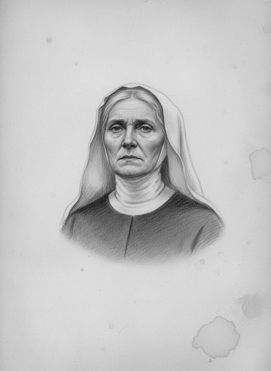 Black and white pencil dossier portrait of Saint Margaux of the First Blood, shown head and shoulders on vellum.