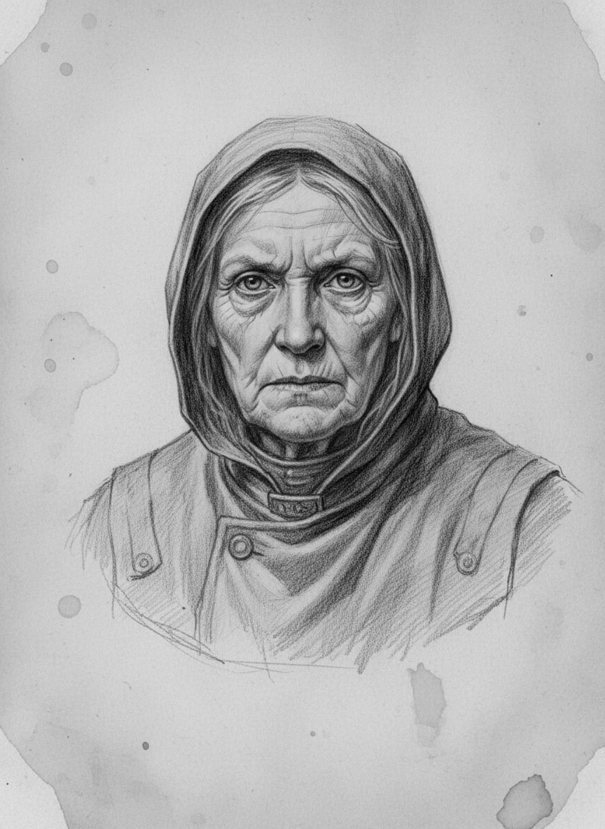 Black and white pencil dossier portrait of Saint Marrow-of-the-Ladle, shown head and shoulders on vellum.