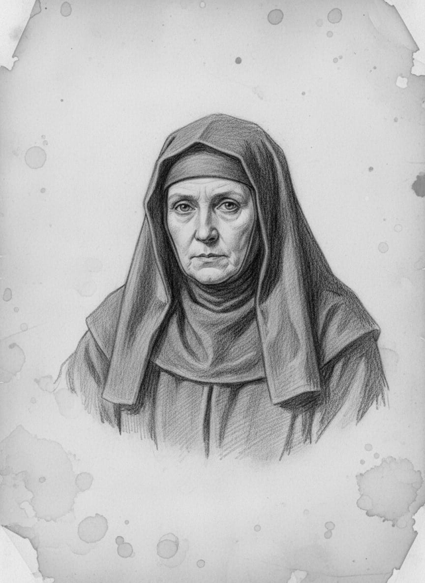 Black and white pencil dossier portrait of Saint Vellum-of-the-Quiet-Hand, shown head and shoulders on vellum.
