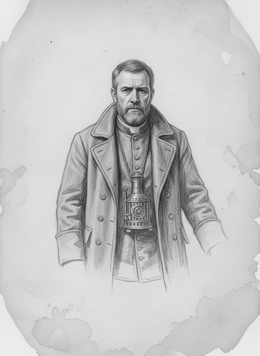 Black and white pencil dossier portrait of Saint Isidore, shown head and shoulders on vellum.