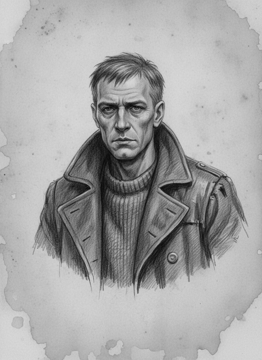 Black and white pencil dossier portrait of Demyan, shown head and shoulders on vellum.