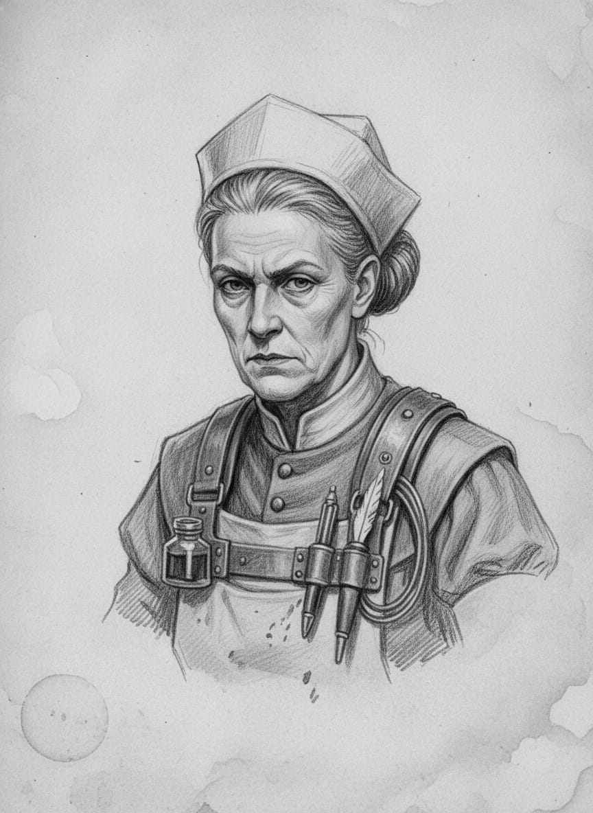 Black and white pencil dossier portrait of Blessed Vellum-Anna, shown head and shoulders on vellum.
