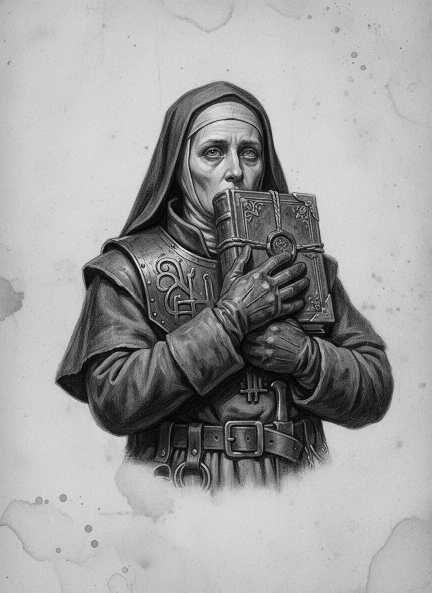 Black and white pencil dossier portrait of Saint Veyra of the Mouth, shown head and shoulders on vellum.