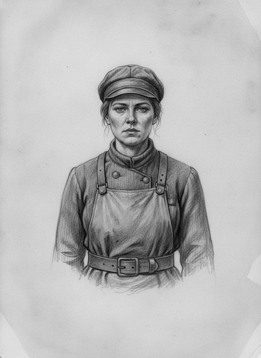 Black and white pencil dossier portrait of Saint Orla of the Seventh Line, shown head and shoulders on vellum.