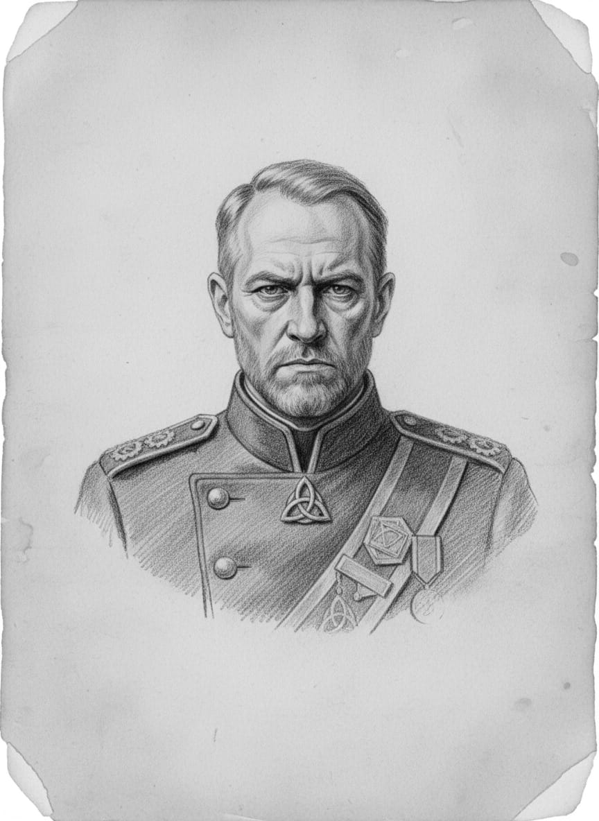 Black and white pencil dossier portrait of Theobald of Worms, shown head and shoulders on vellum.