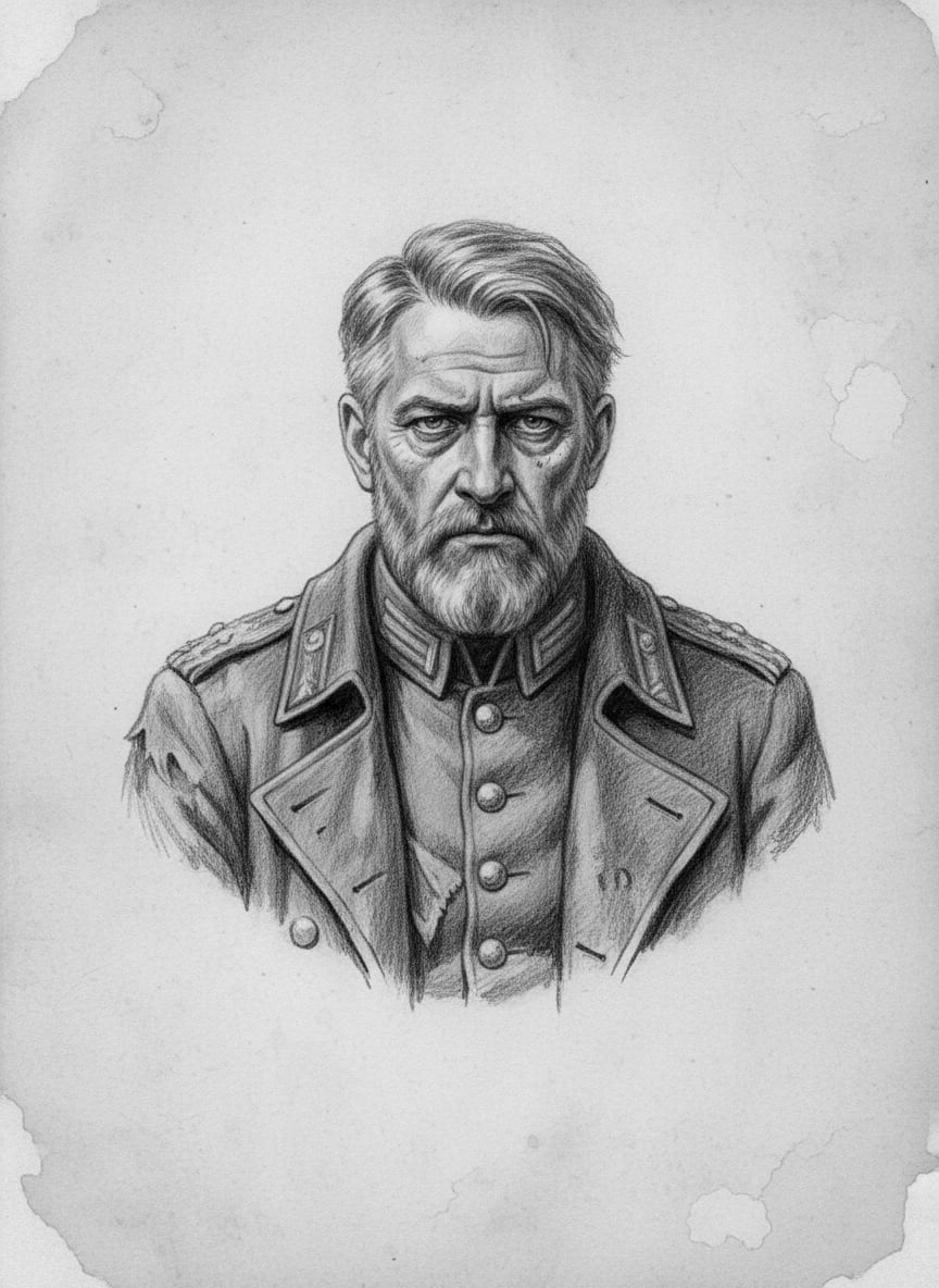Black and white pencil dossier portrait of Guillaume of Aachen, shown head and shoulders on vellum.