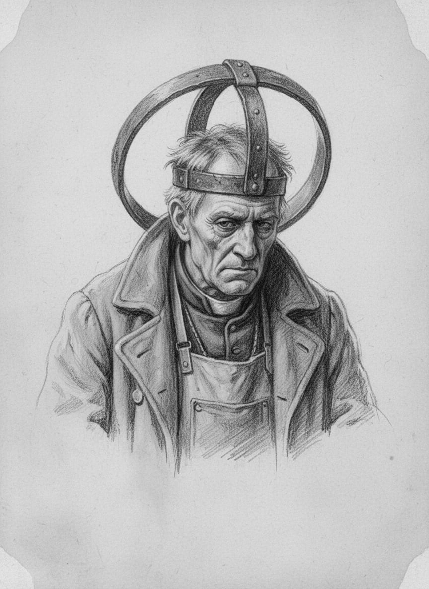Black and white pencil dossier portrait of Saint Varric of the Twelve Blisters, shown head and shoulders on vellum.