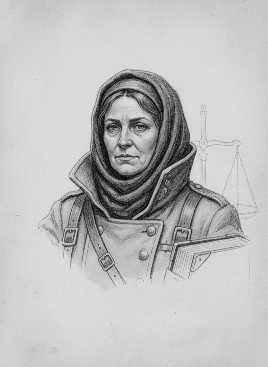 Black and white pencil dossier portrait of Saint Ysolt of the Scales, shown head and shoulders on vellum.