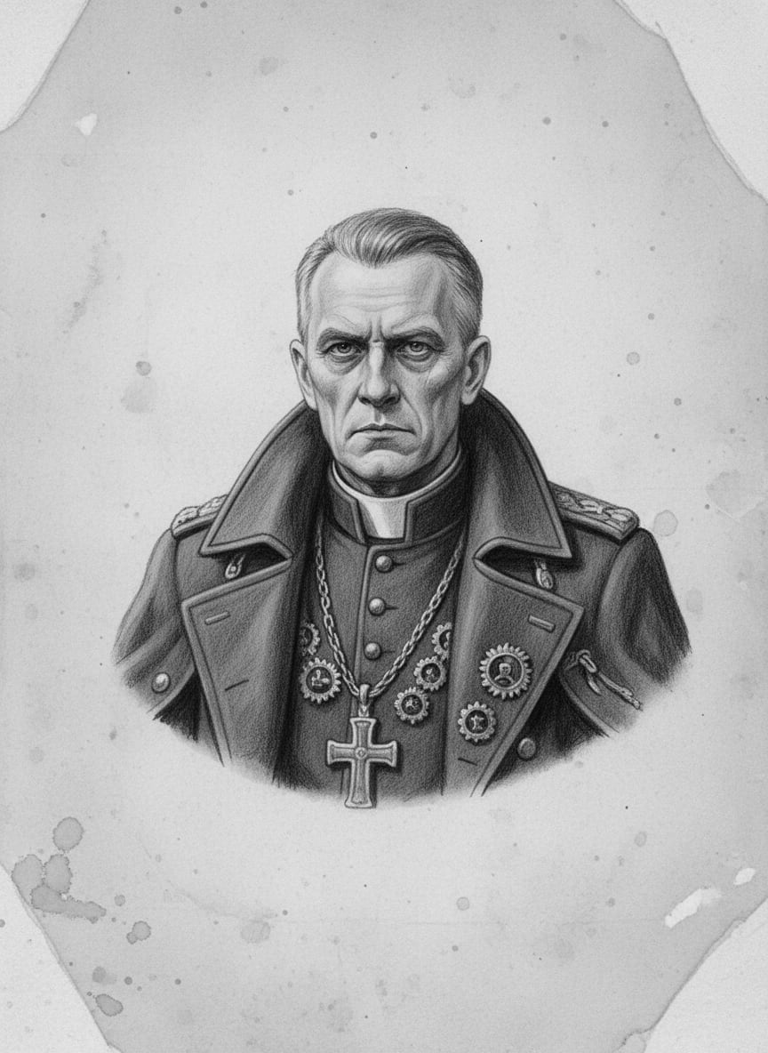 Black and white pencil dossier portrait of Archon of Kanzleiburg, shown head and shoulders on vellum.