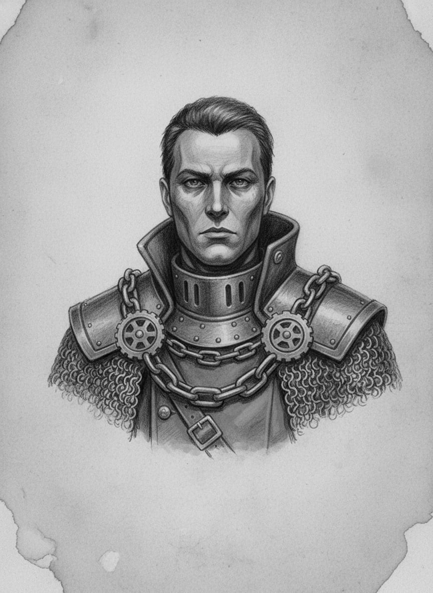 Black and white pencil dossier portrait of Chainmaster Veyl, shown head and shoulders on vellum.