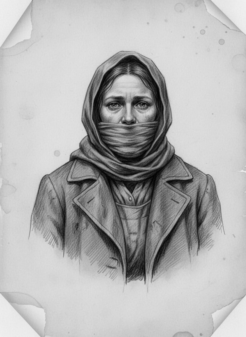 Black and white pencil dossier portrait of Saint Hessa of the Closed Mouth, shown head and shoulders on vellum.