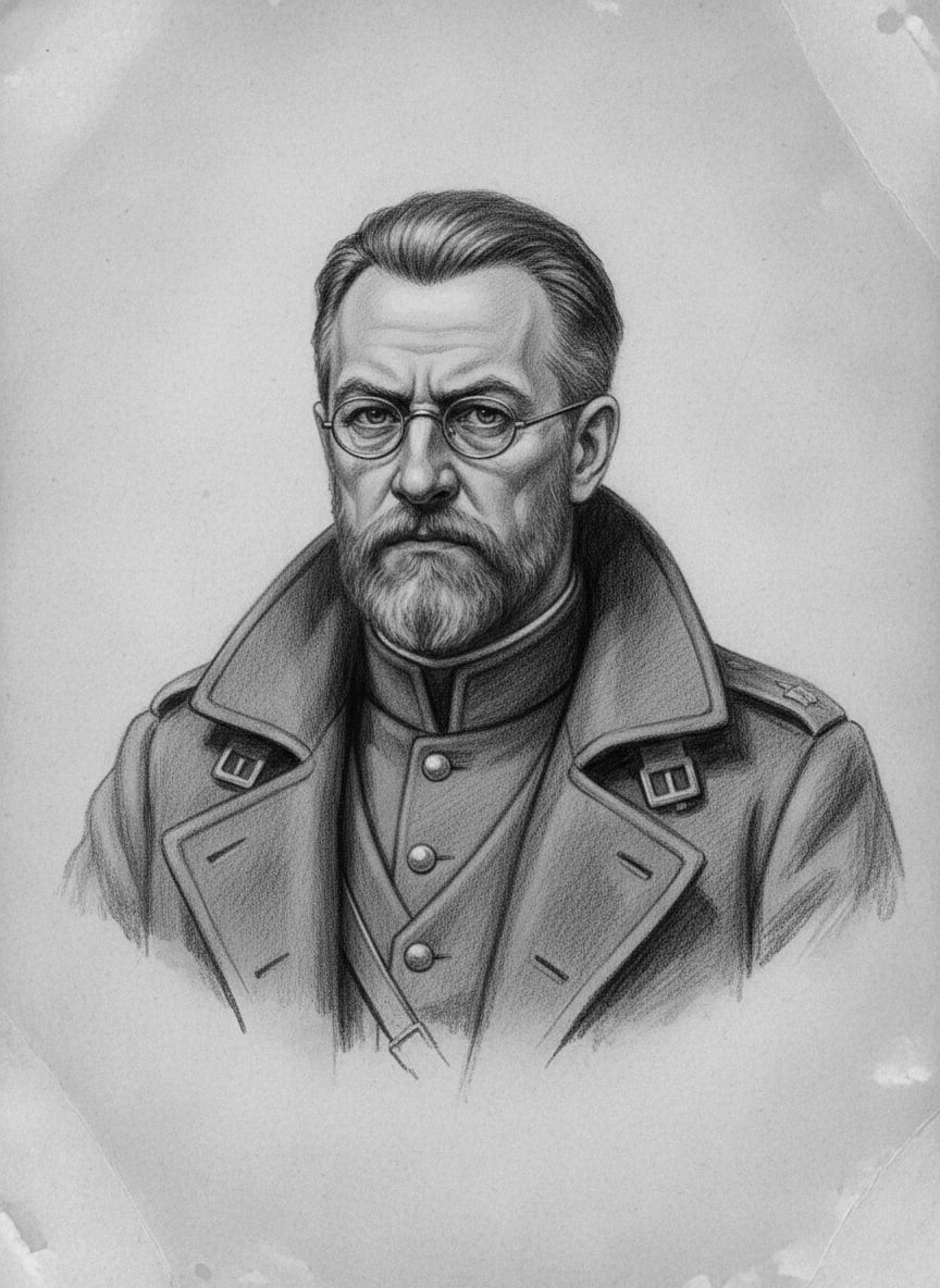 Black and white pencil dossier portrait of Quartermaster-General Hofer, shown head and shoulders on vellum.
