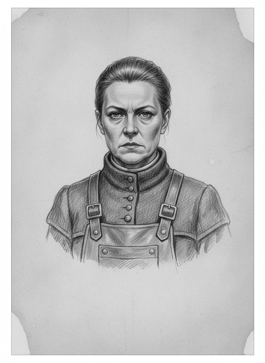 Black and white pencil dossier portrait of Jossa Rill, shown head and shoulders on vellum.