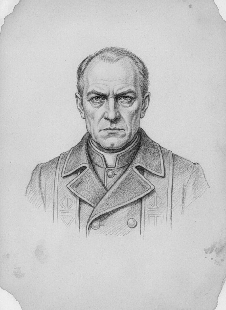 Black and white pencil dossier portrait of Hierarch-Procurator Marius of Cologne, shown head and shoulders on vellum.