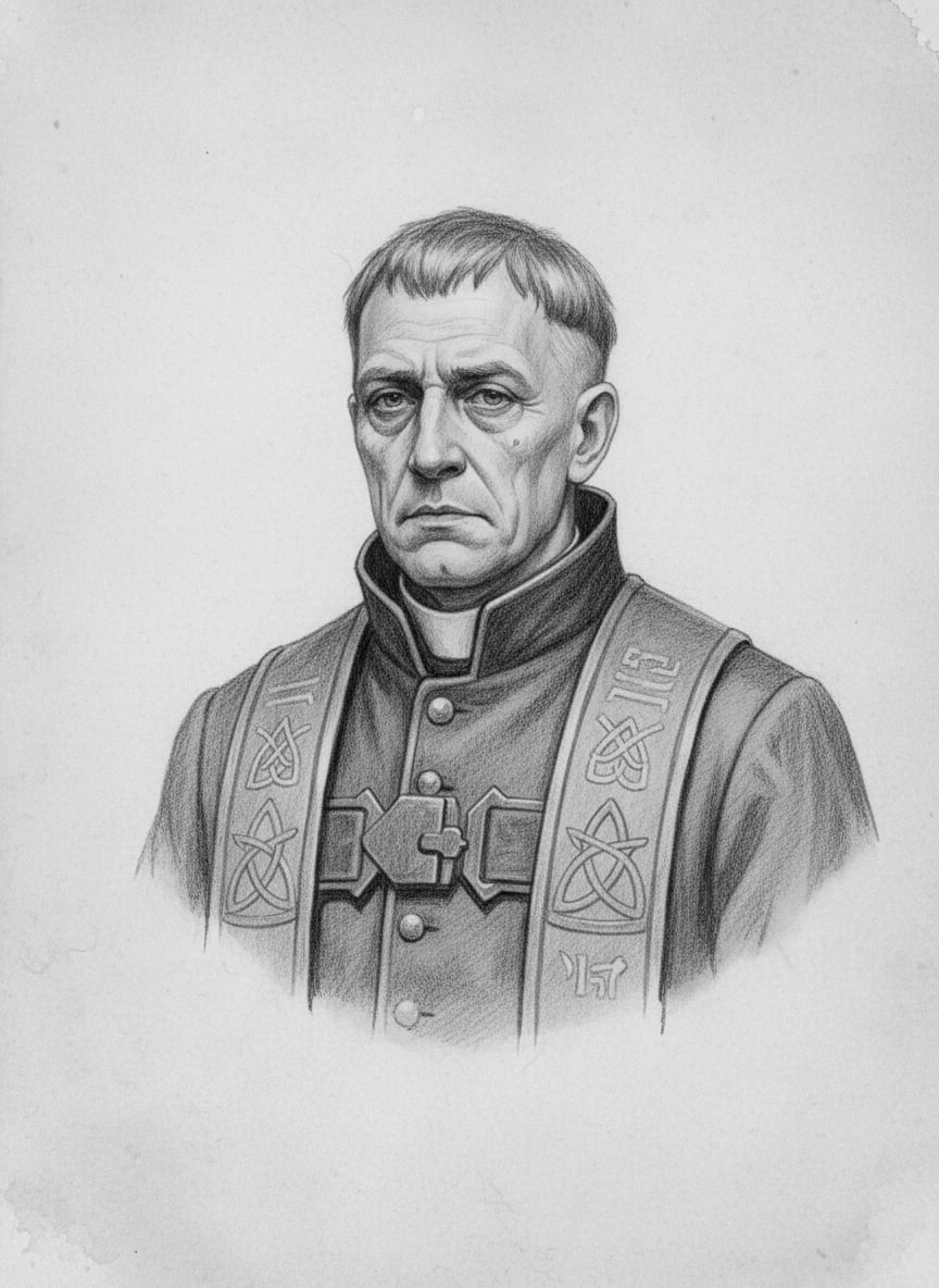 Black and white pencil dossier portrait of Father Gaël of Dinan, shown head and shoulders on vellum.