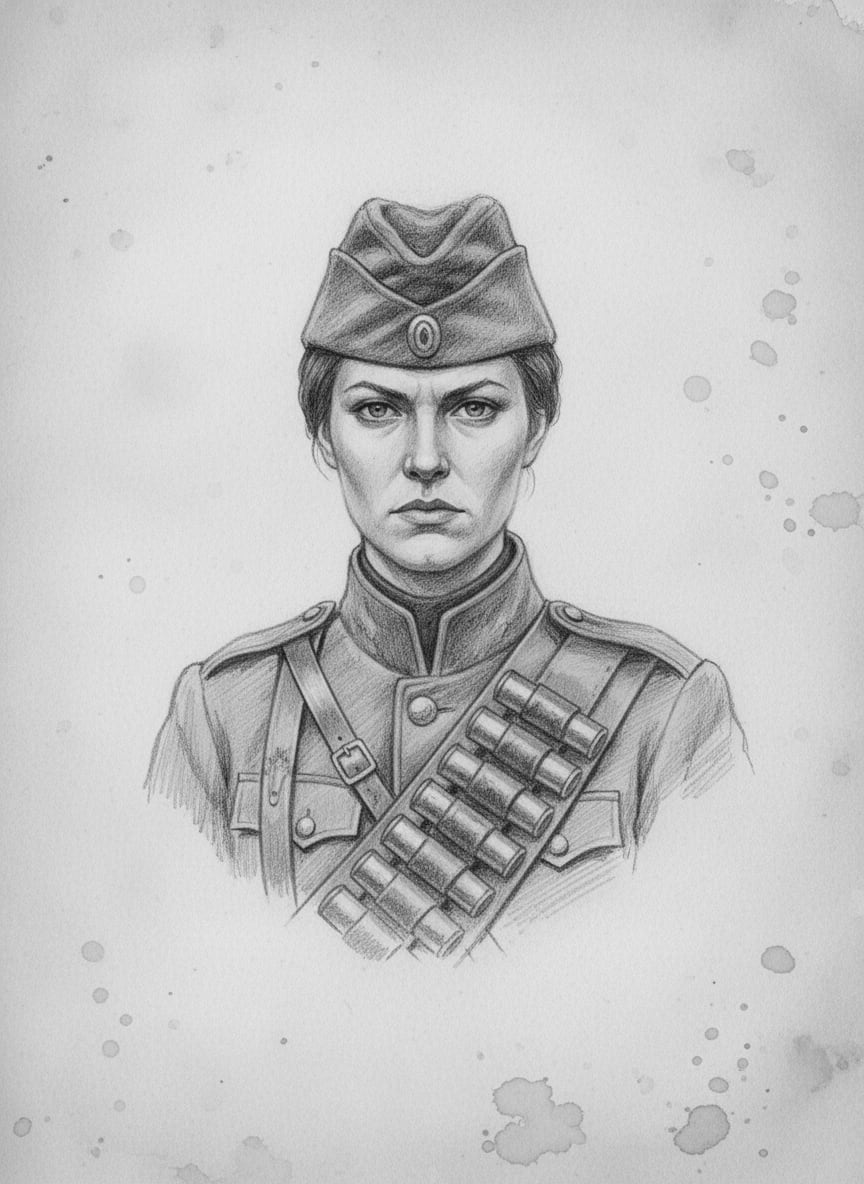 Black and white pencil dossier portrait of Cantor-Lieutenant Sera, shown head and shoulders on vellum.
