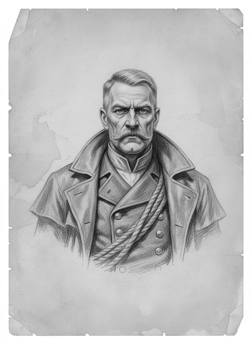 Black and white pencil dossier portrait of Diver-Captain Sain, shown head and shoulders on vellum.