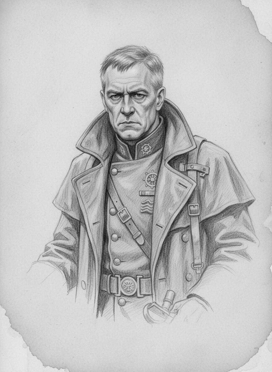 Black and white pencil dossier portrait of Prior Idris of the Sixth Tide, shown head and shoulders on vellum.