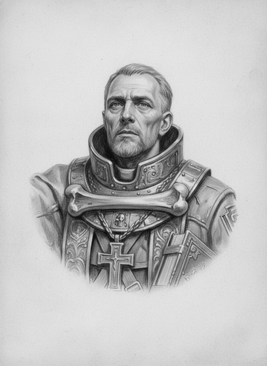 Black and white pencil dossier portrait of Saint Barachiel, shown head and shoulders on vellum.