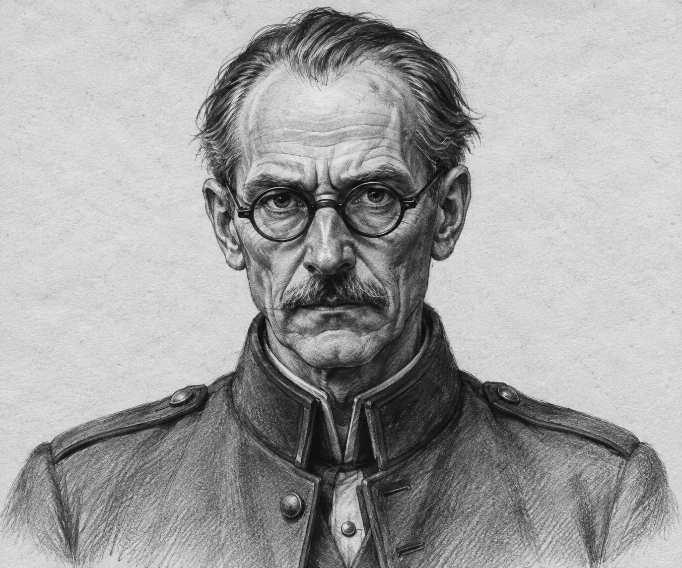 Interpretive black-and-white ink and charcoal head-and-shoulders portrait of Analyst Second-Grey Mavren, based on the article hero.