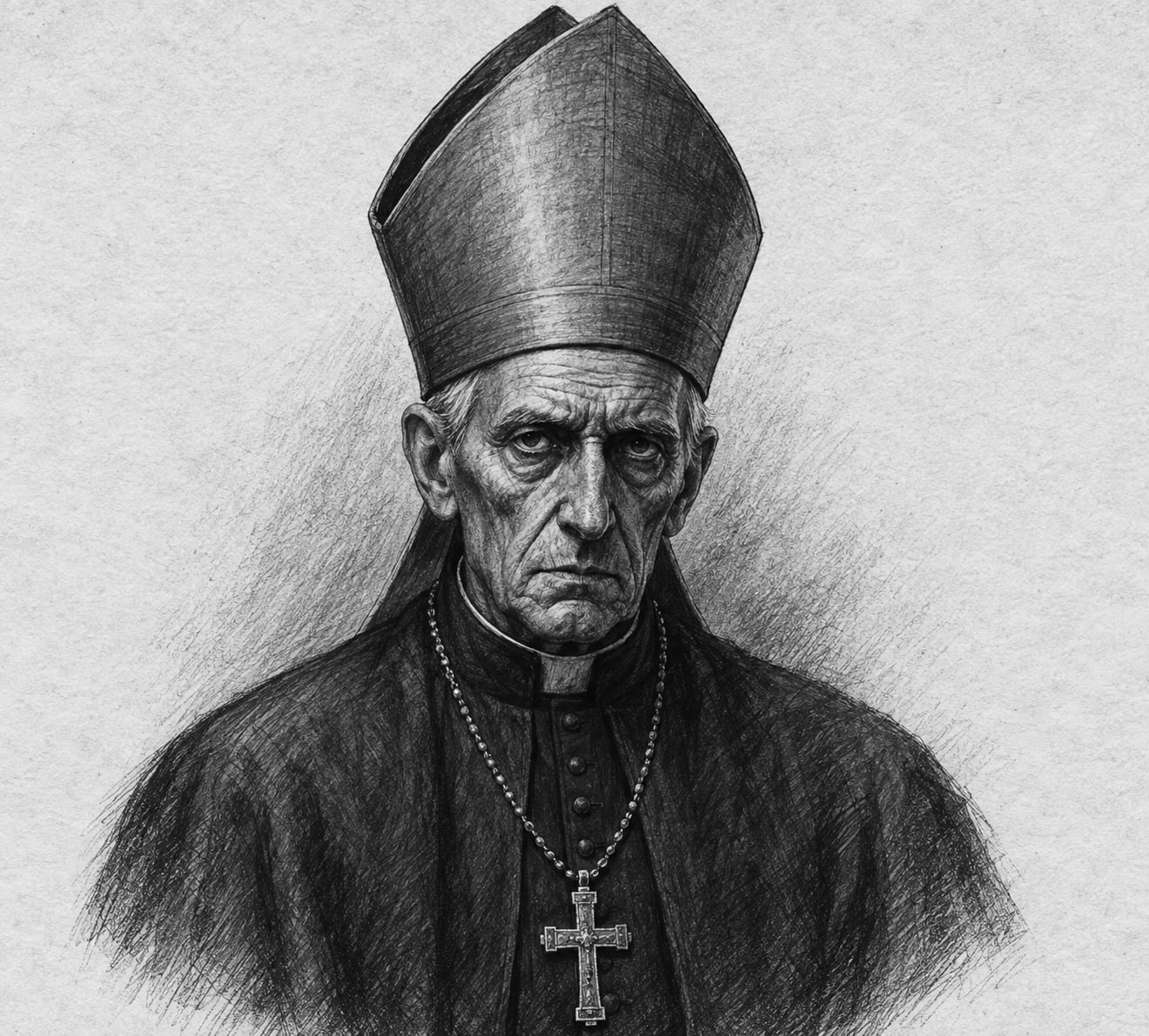 Interpretive black-and-white ink and charcoal head-and-shoulders portrait of Archbishop of Vienna, based on the article hero.
