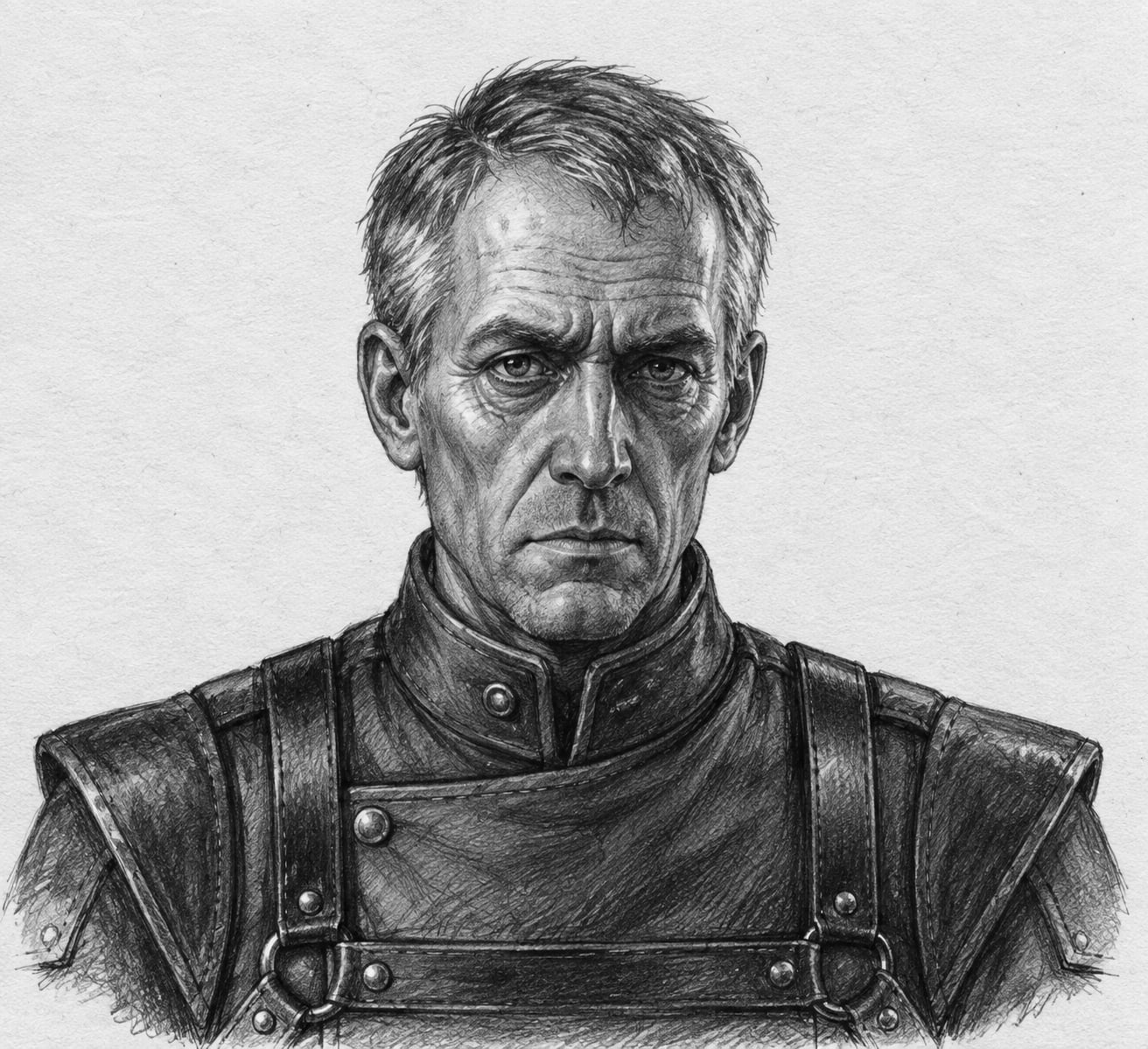 Interpretive black-and-white ink and charcoal head-and-shoulders portrait of Beaconmaster Jorren Quill, based on the article hero.