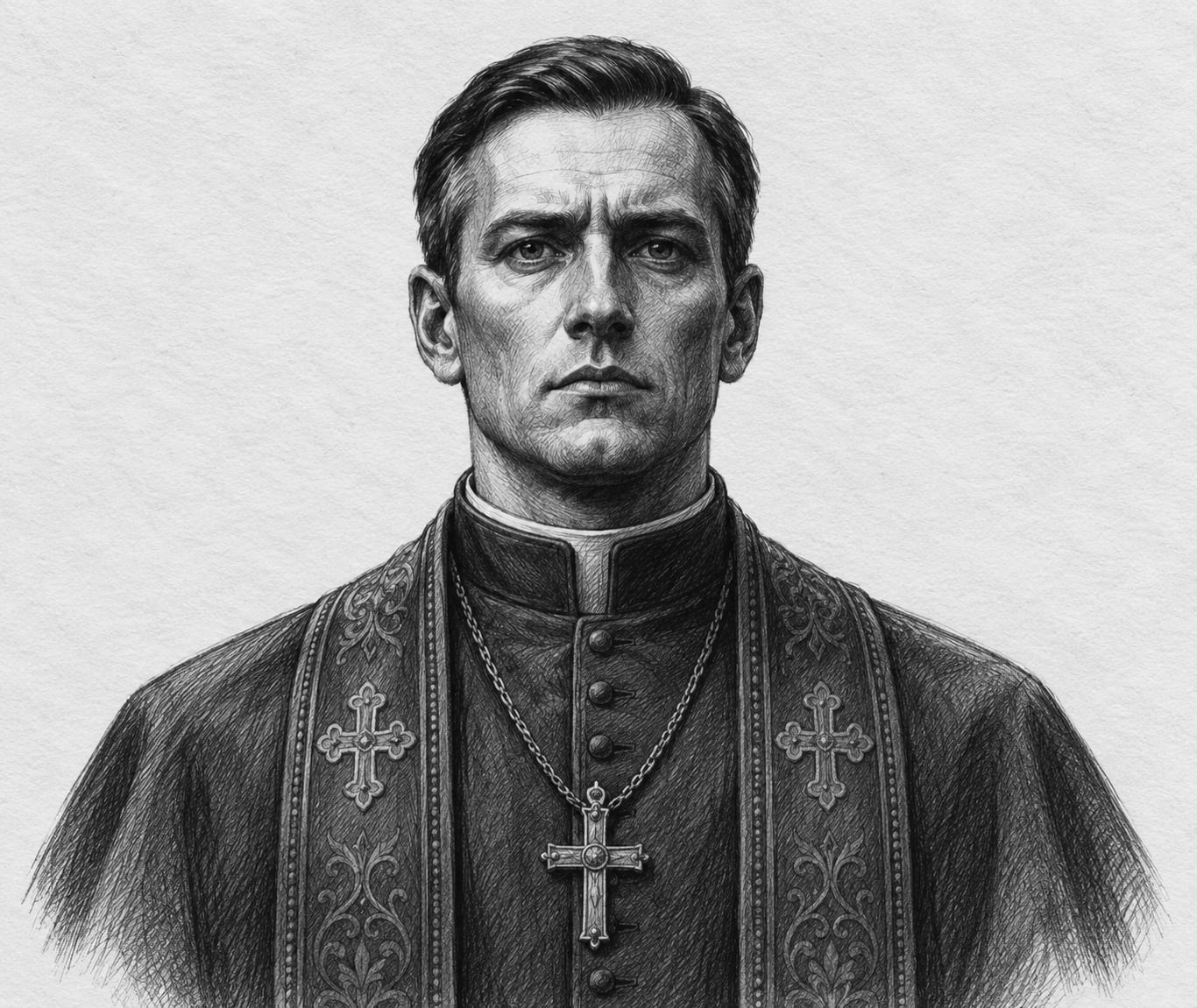 Interpretive black-and-white ink and charcoal head-and-shoulders portrait of Bishop Marek of Vyšehrad, based on the article hero.