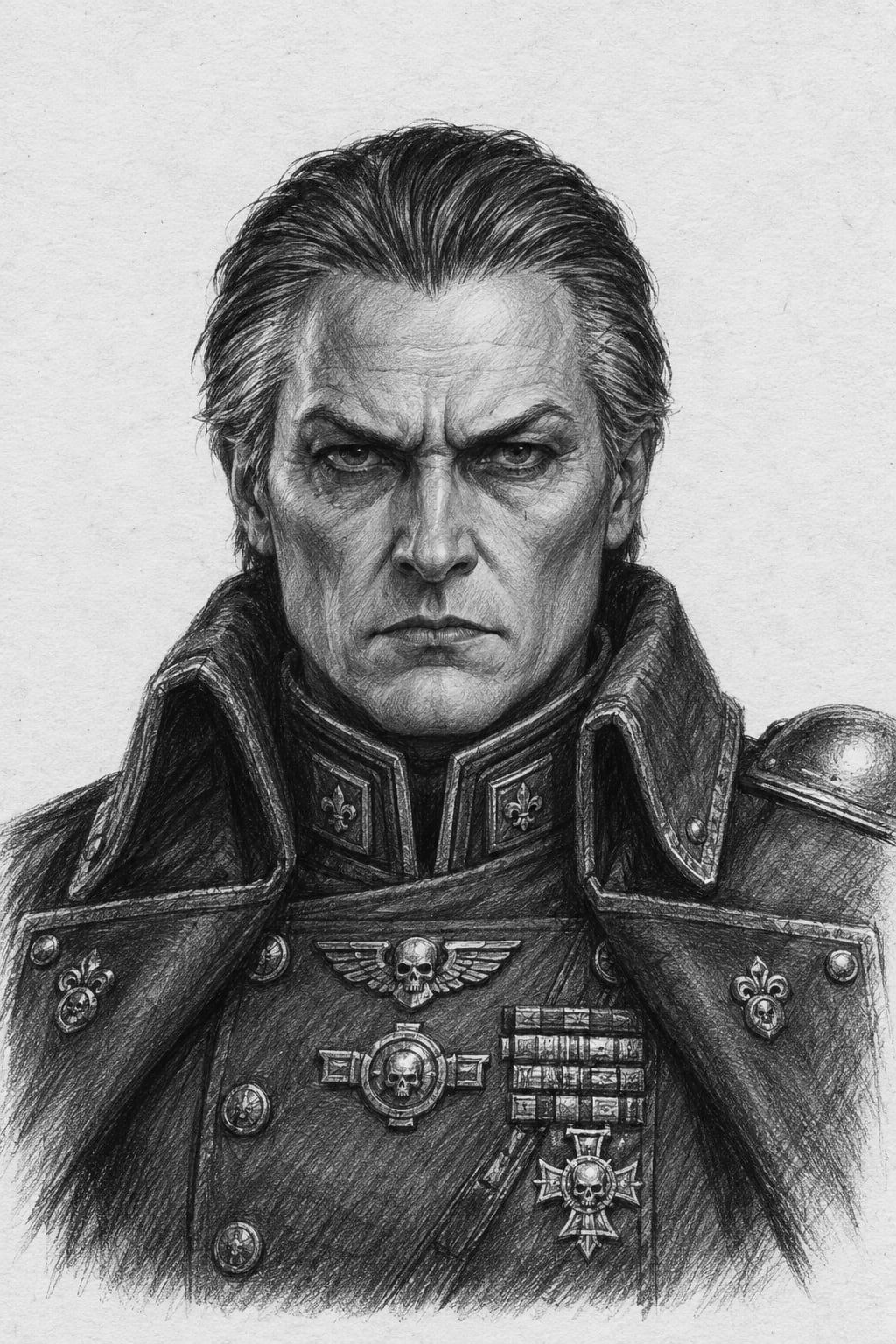 Interpretive black-and-white ink and charcoal head-and-shoulders portrait of Canon-Marshal Veyra Sable, based on the article hero.