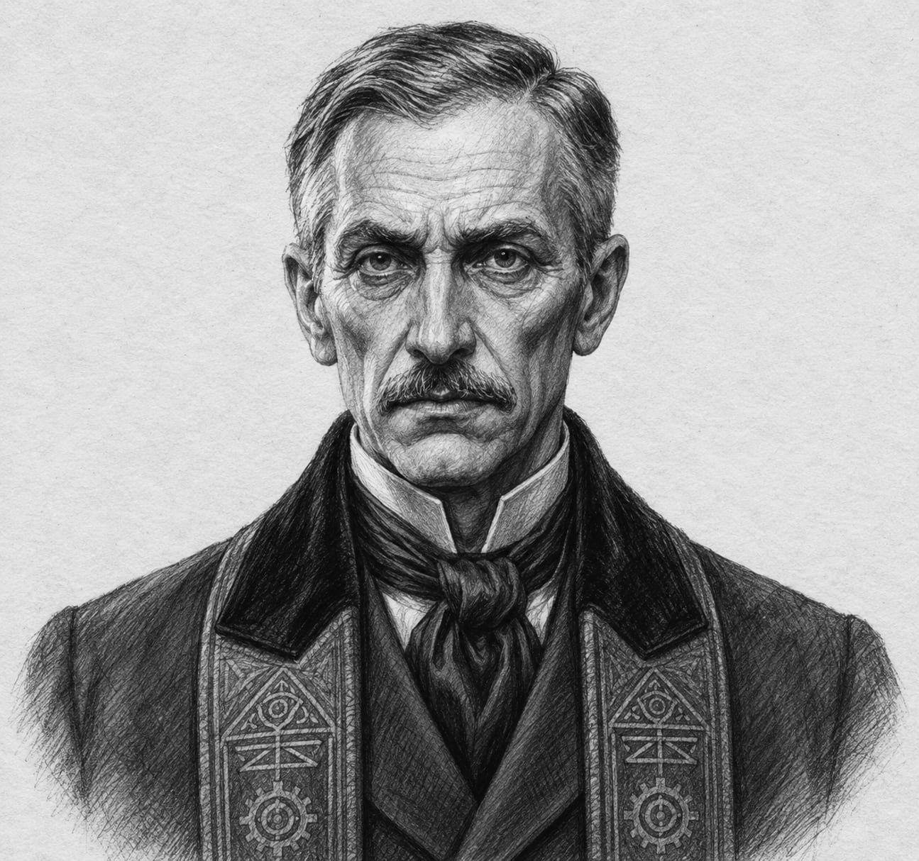 Interpretive black-and-white ink and charcoal head-and-shoulders portrait of Cantor-Auditor Selm Peregrin, based on the article hero.