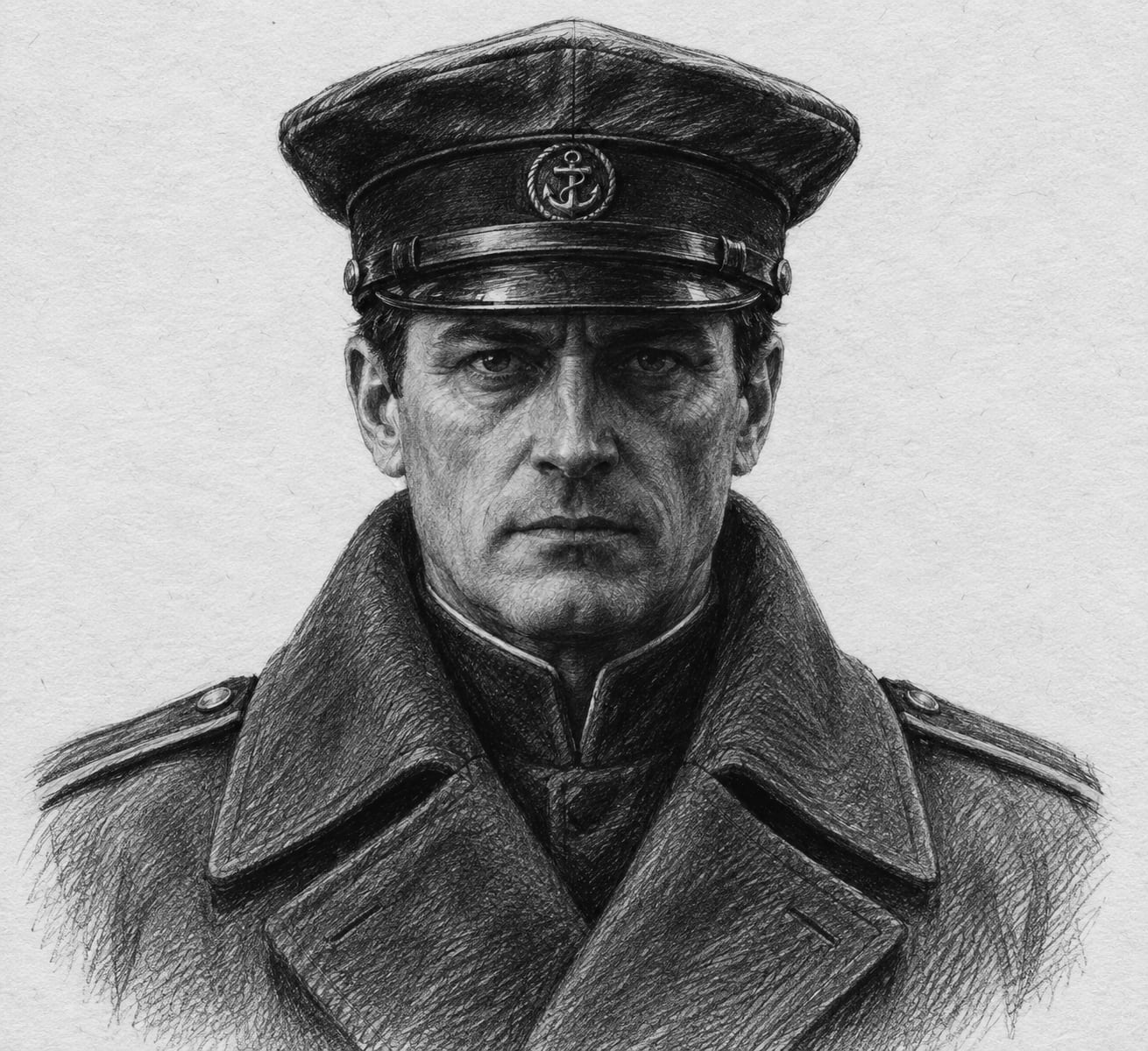 Interpretive black-and-white ink and charcoal head-and-shoulders portrait of Captain Orsik, based on the article hero.