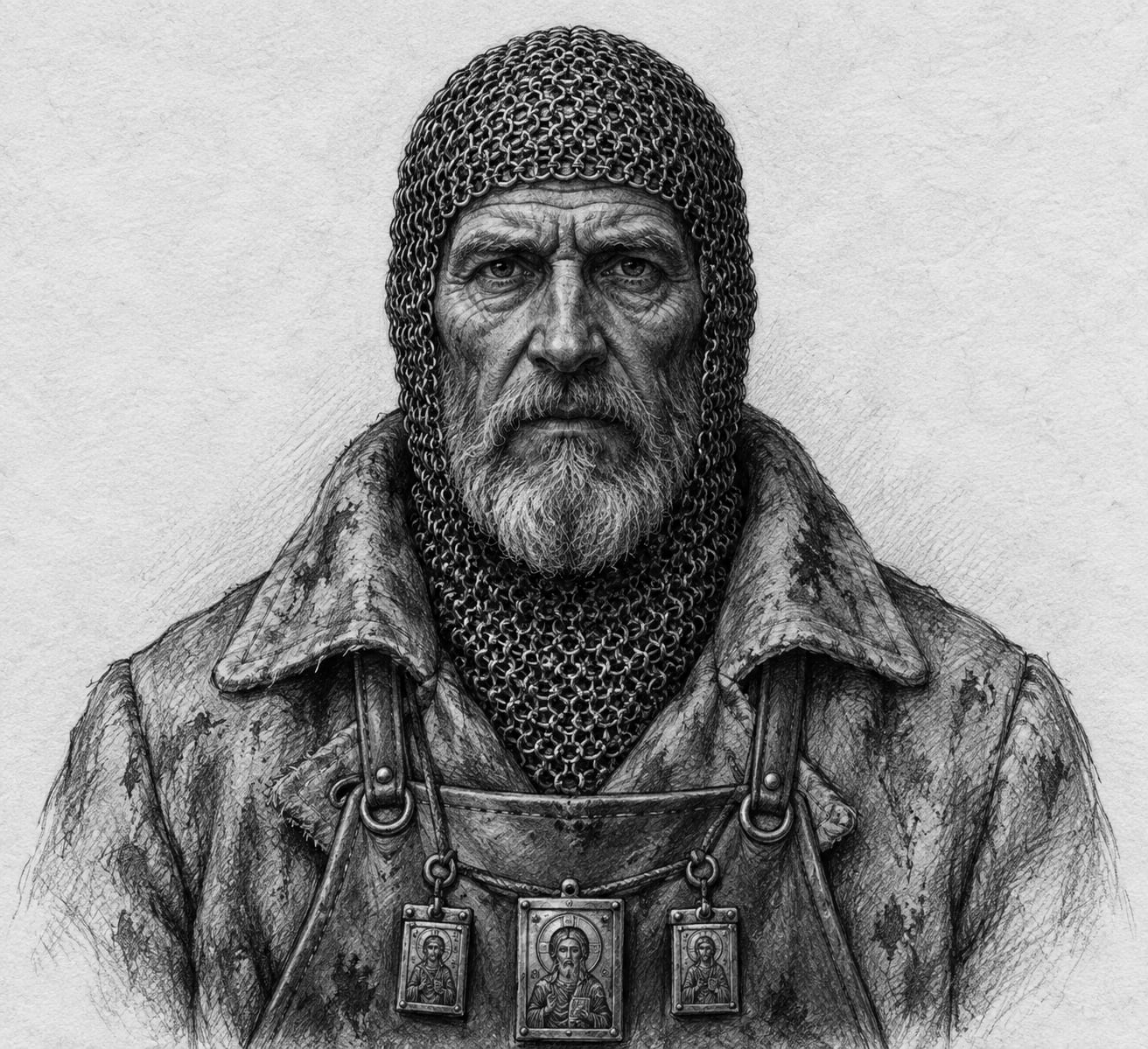 Interpretive black-and-white ink and charcoal head-and-shoulders portrait of Chainmaster Olt, based on the article hero.
