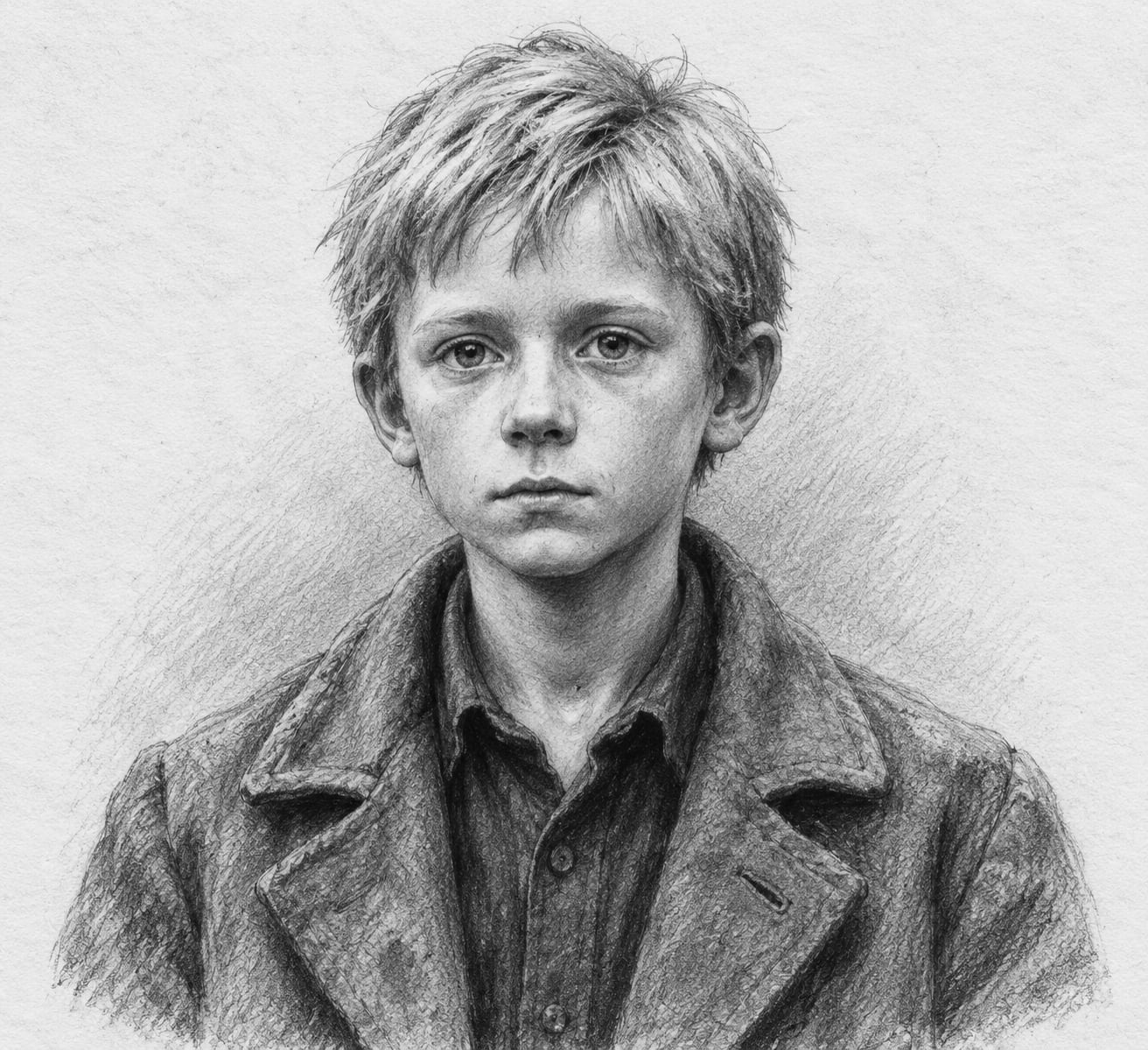 Interpretive black-and-white ink and charcoal head-and-shoulders portrait of Child of Innocence, based on the article hero.